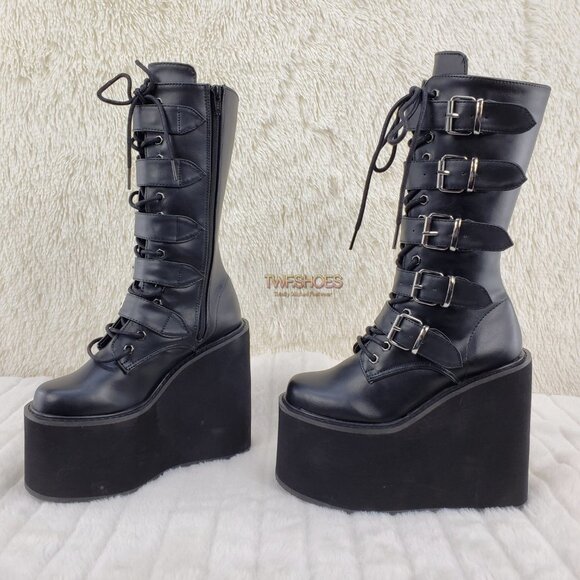 Swing 220 Multi Buckle Black Matte Leatherette Goth Mid-Calf Boot 5.5" Platforms - Picture 2 of 13